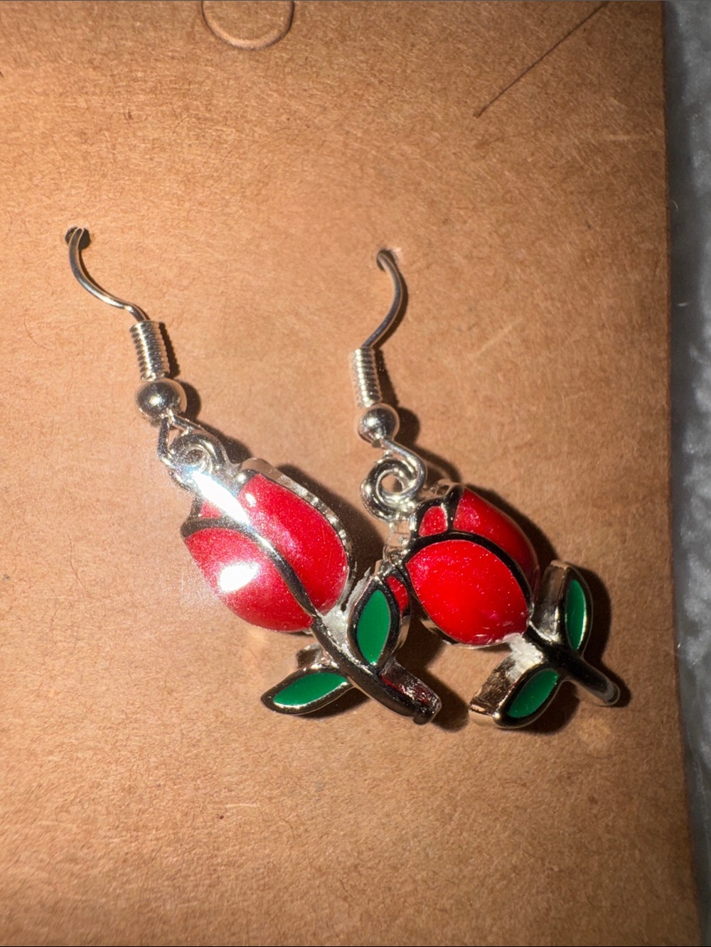 Red Rosebud Drop Earrings with Green Leaves - Women Jewelry